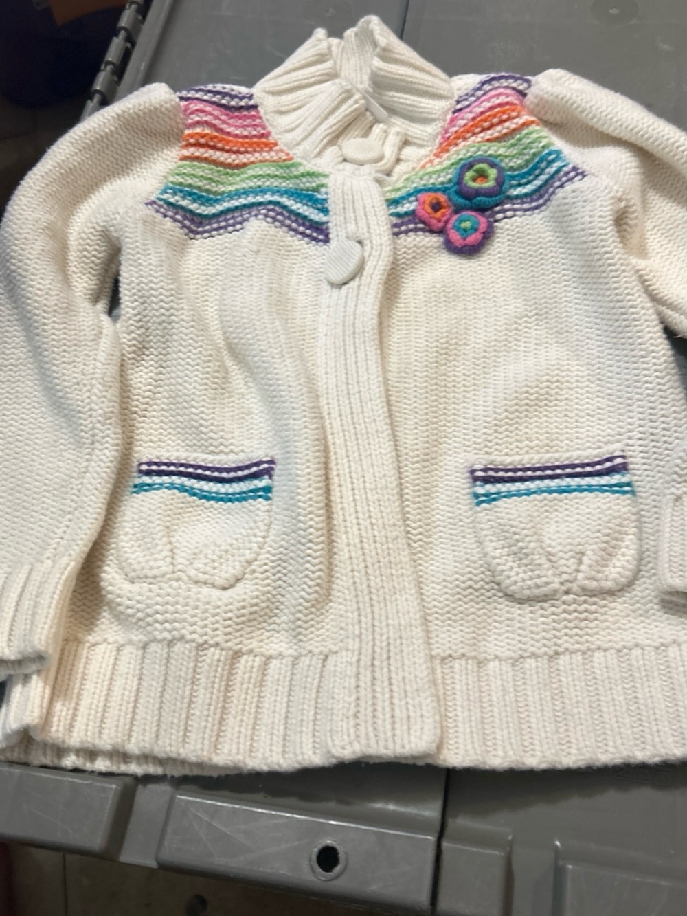 Cream Knit Women's Cardigan Sweater with Rainbow Yoke